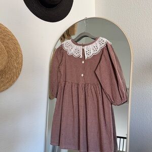 Charming Brown Checkered Kids Dress with Lace Collar